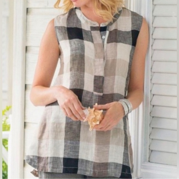 Soft Surroundings Women's X Large Plaid 100% Linen Top sleeveless button front - Picture 1 of 11